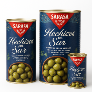Aceitunas Hechizos del Sur. Variedad verdial aliñada
